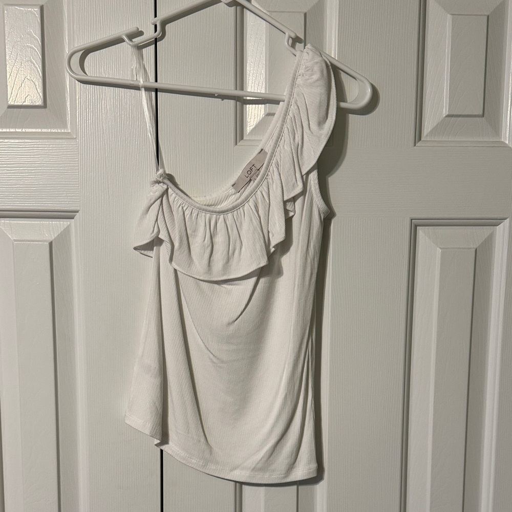 LOFT White One-Shoulder Ruffle Blouse